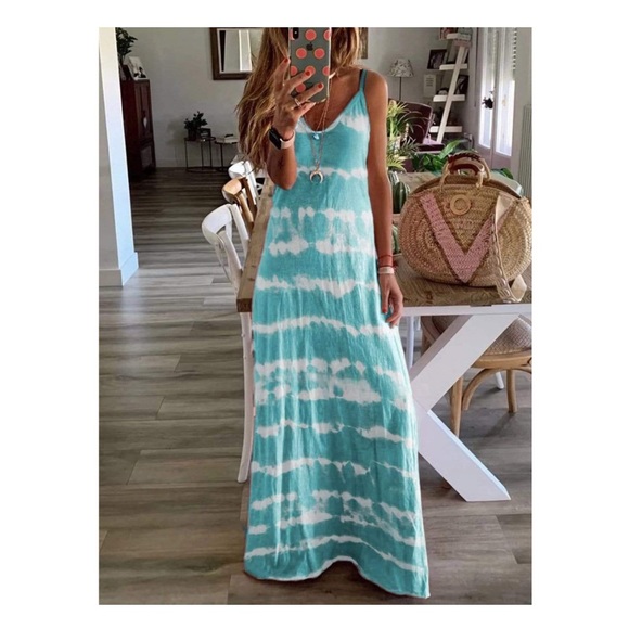 Source Unknown Dresses & Skirts - Turquoise Spaghetti Strap Sleeveless Tie Dye Long Macy Summer Sun Dress Size L